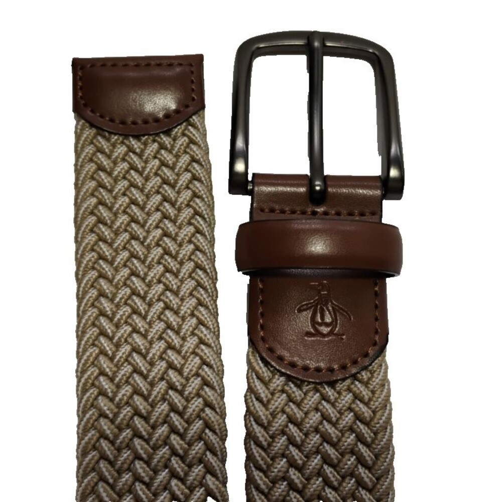 NEW Original Penguin Mens Sz 36 Belt Khaki Woven Stretch Brown Genuine Leather